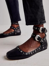 Black Stud Double Buckled Strap Square Toe Mary Jane Flats